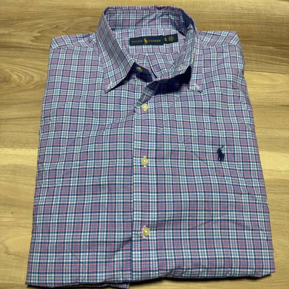 Ralph Lauren Button Down Shirt Mens XL Pink Blue Plaid Long Sleeve Pony Logo SEO